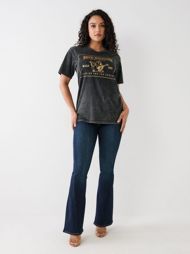 Black True Religion Acid Wash Logo Relaxed T Shirts | 5326-BRECH