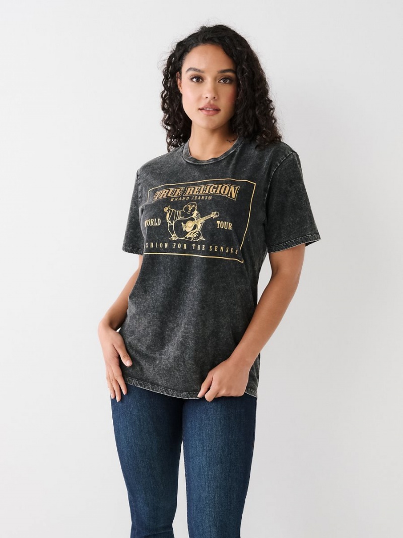 Black True Religion Acid Wash Logo Relaxed T Shirts | 5326-BRECH