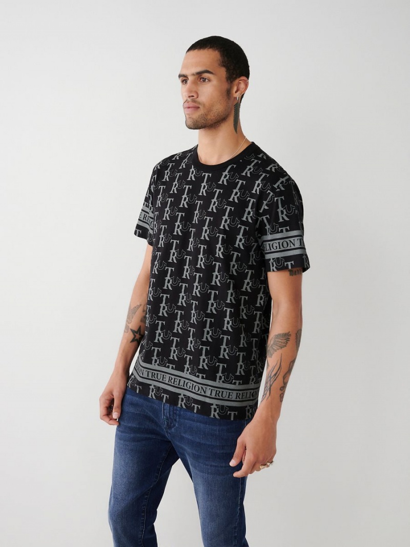 Black True Religion Allover Print T Shirts | 0194-MAKUS