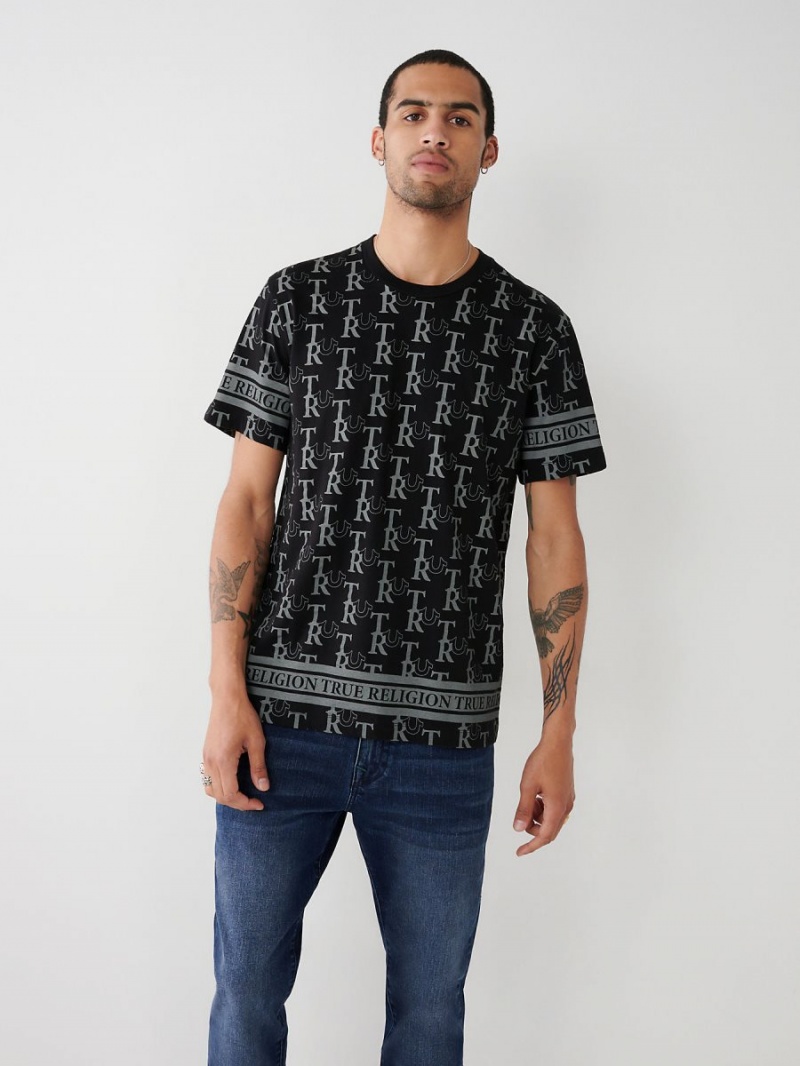 Black True Religion Allover Print T Shirts | 0194-MAKUS