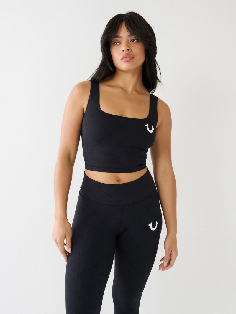 Black True Religion Branded Jacquard Sports Bra Top | 6139-XWCBP