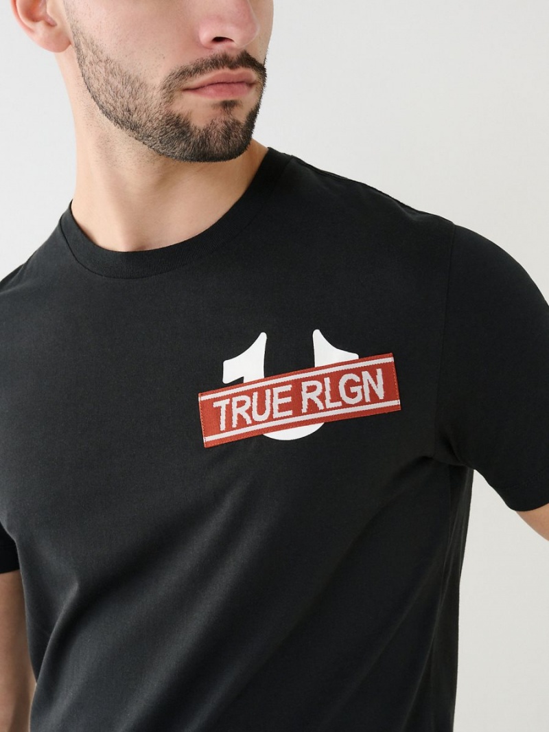 Black True Religion Buddha Logo Rlgn Tape T Shirts | 3150-PGYMZ