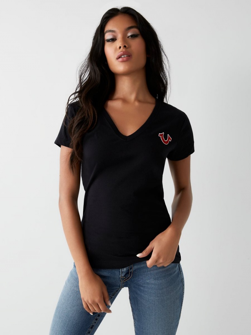 Black True Religion Buddha Logo V T Shirts | 3981-SAOYM