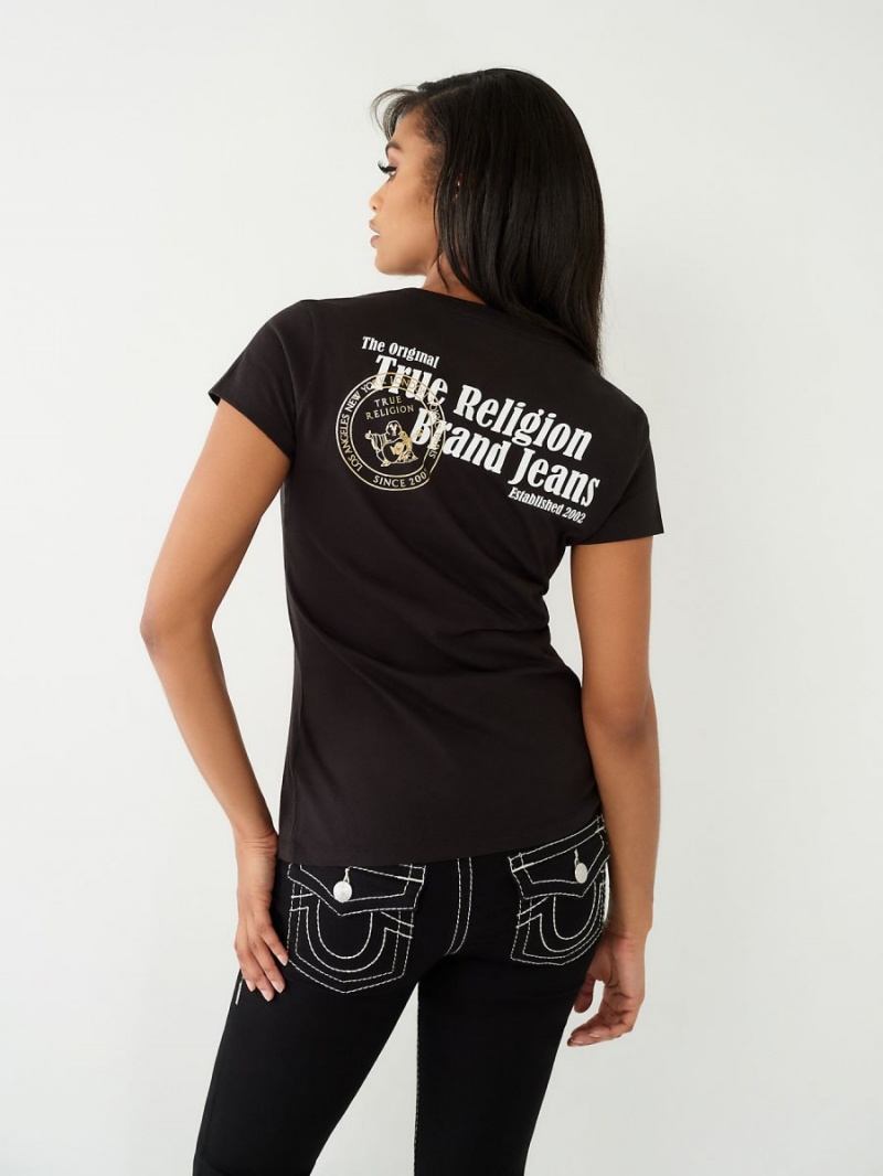 Black True Religion Buddha Logo V T Shirts | 4932-FTCQL