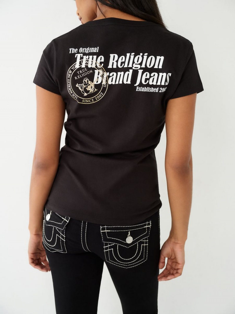 Black True Religion Buddha Logo V T Shirts | 4932-FTCQL