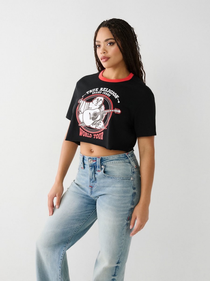 Black True Religion Buddha Ringer Crop T Shirts | 8715-KAYLZ