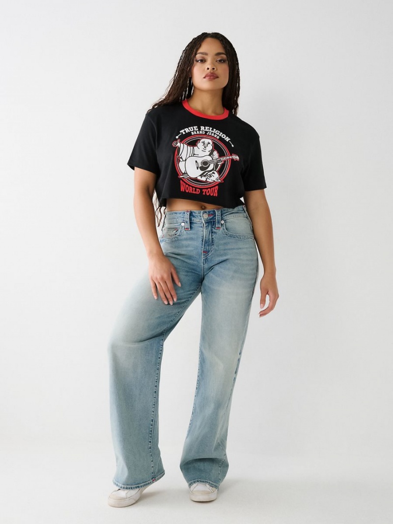 Black True Religion Buddha Ringer Crop T Shirts | 8715-KAYLZ