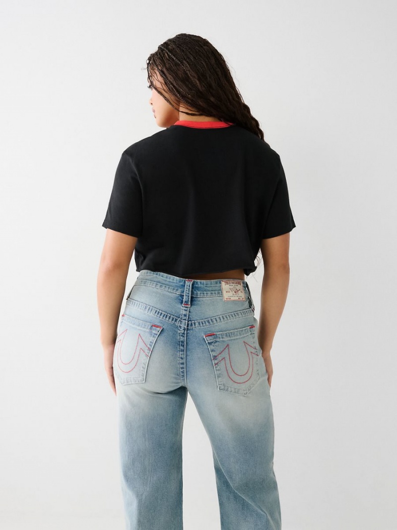 Black True Religion Buddha Ringer Crop T Shirts | 8715-KAYLZ