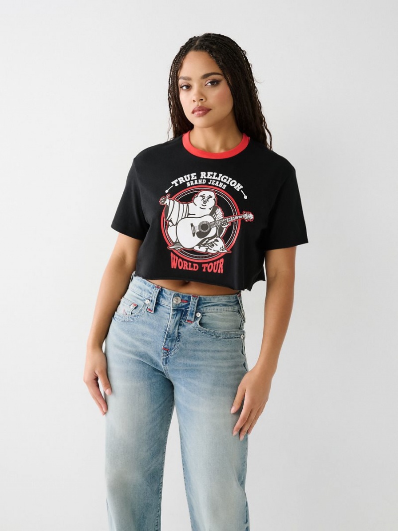 Black True Religion Buddha Ringer Crop T Shirts | 8715-KAYLZ