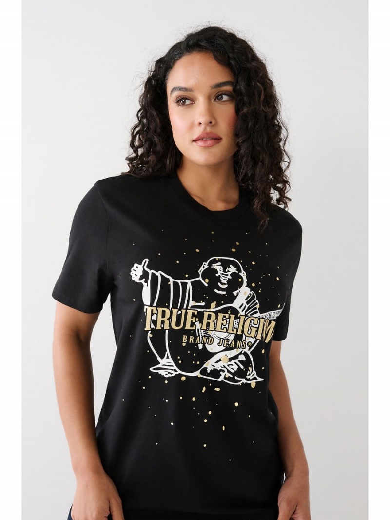 Black True Religion Buddha Splatter Relaxed T Shirts | 8597-CPSDJ