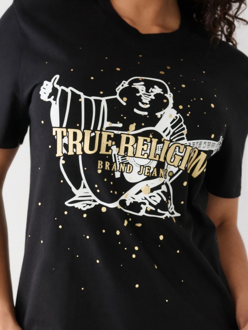 Black True Religion Buddha Splatter Relaxed T Shirts | 8597-CPSDJ