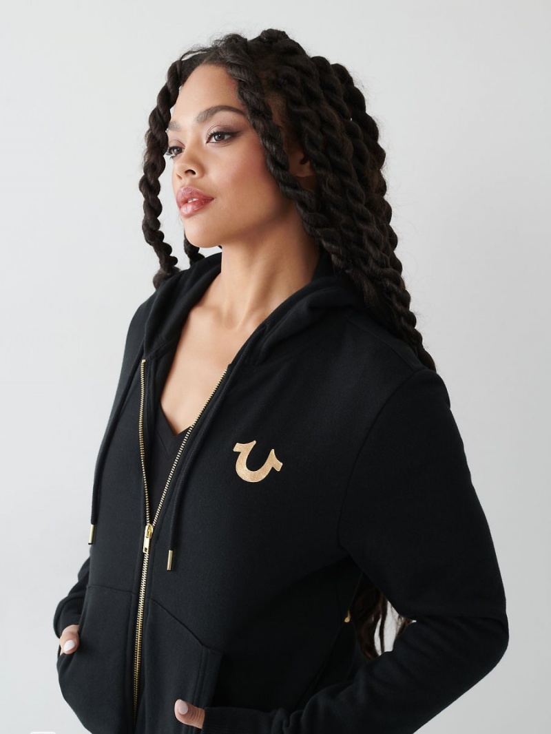 Black True Religion Buddha Zip Hoodie | 9352-OGXZF