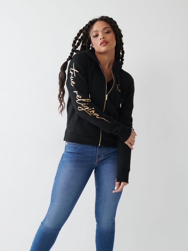 Black True Religion Buddha Zip Hoodie | 9352-OGXZF