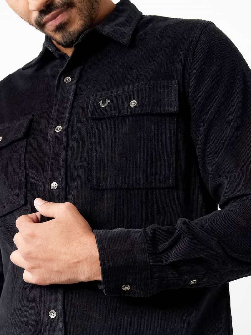 Black True Religion Corduroy Flap Utility Shirts | 8046-AKTMZ