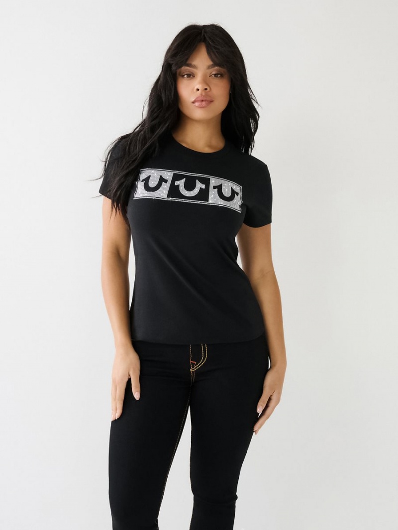 Black True Religion Crystal Box Horseshoe Logo T Shirts | 1389-WOLBV