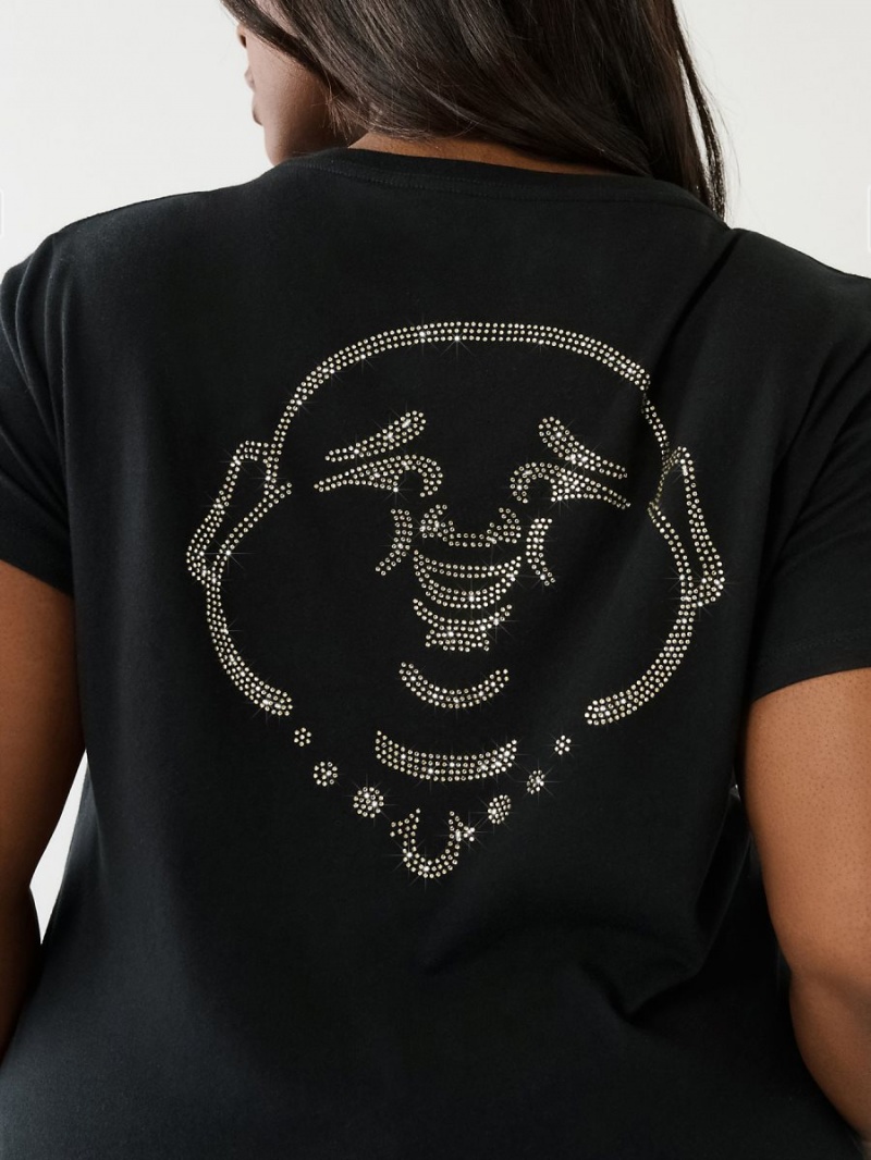 Black True Religion Crystal Buddha Logo V Neck T Shirts | 3284-JYWLQ