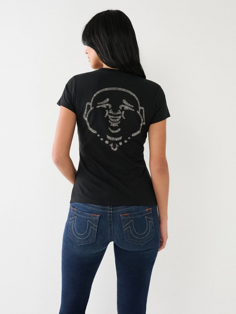 Black True Religion Crystal Buddha Logo V Neck T Shirts | 3284-JYWLQ