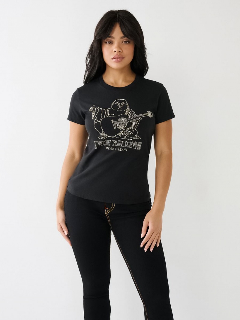 Black True Religion Crystal Buddha Logo Slim T Shirts | 8204-ISRWX