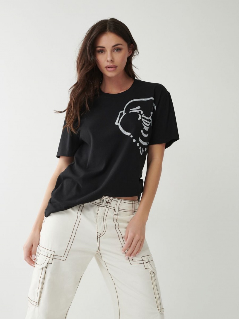 Black True Religion Crystal Buddha Relaxed T Shirts | 0936-EWXLK