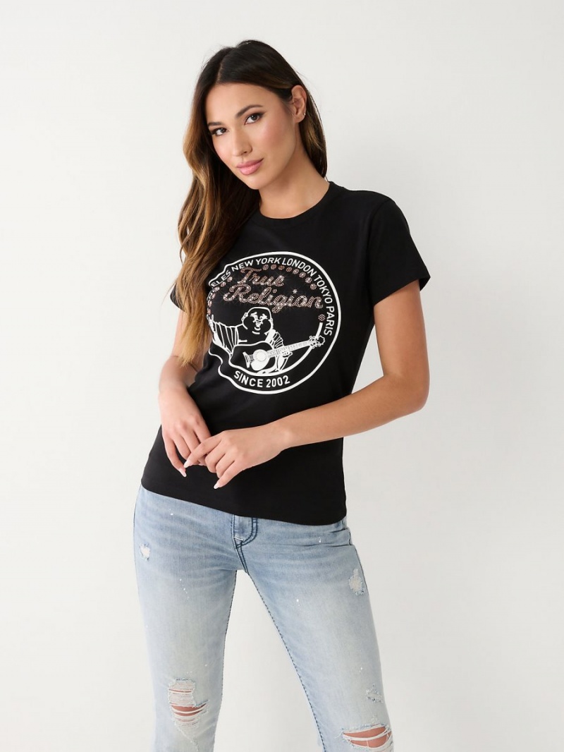 Black True Religion Crystal Buddha T Shirts | 6023-BRKES