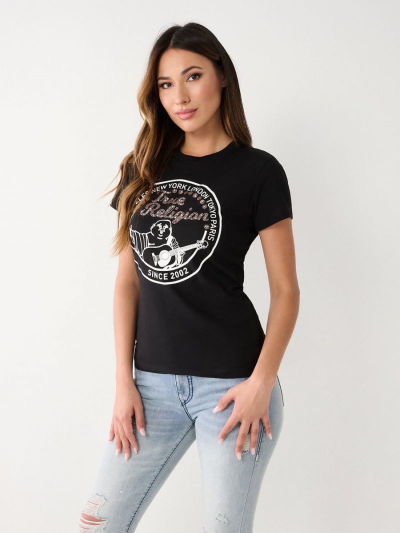 Black True Religion Crystal Buddha T Shirts | 6023-BRKES