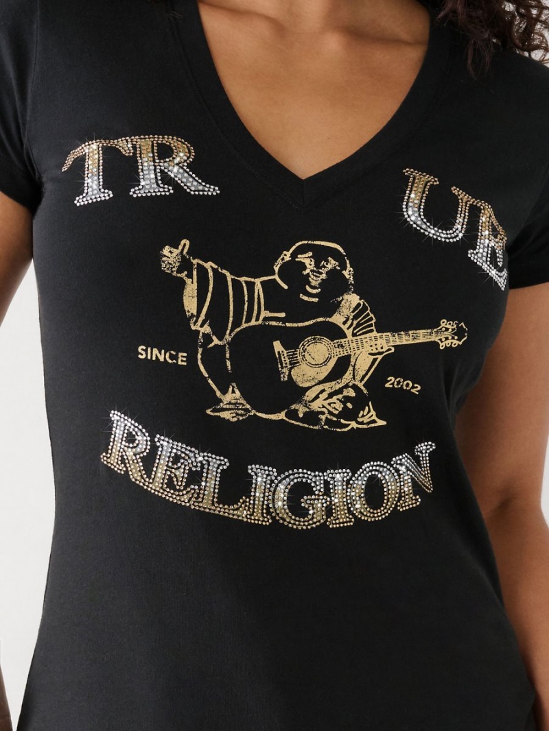 Black True Religion Crystal Buddha V T Shirts | 7501-BTSZQ