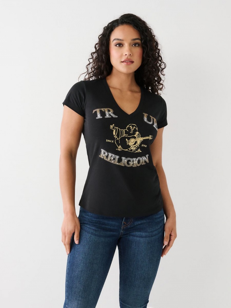 Black True Religion Crystal Buddha V T Shirts | 7501-BTSZQ