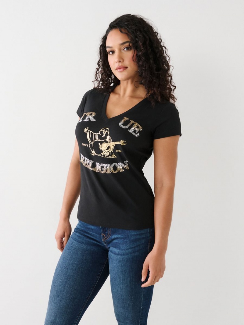 Black True Religion Crystal Buddha V T Shirts | 7501-BTSZQ