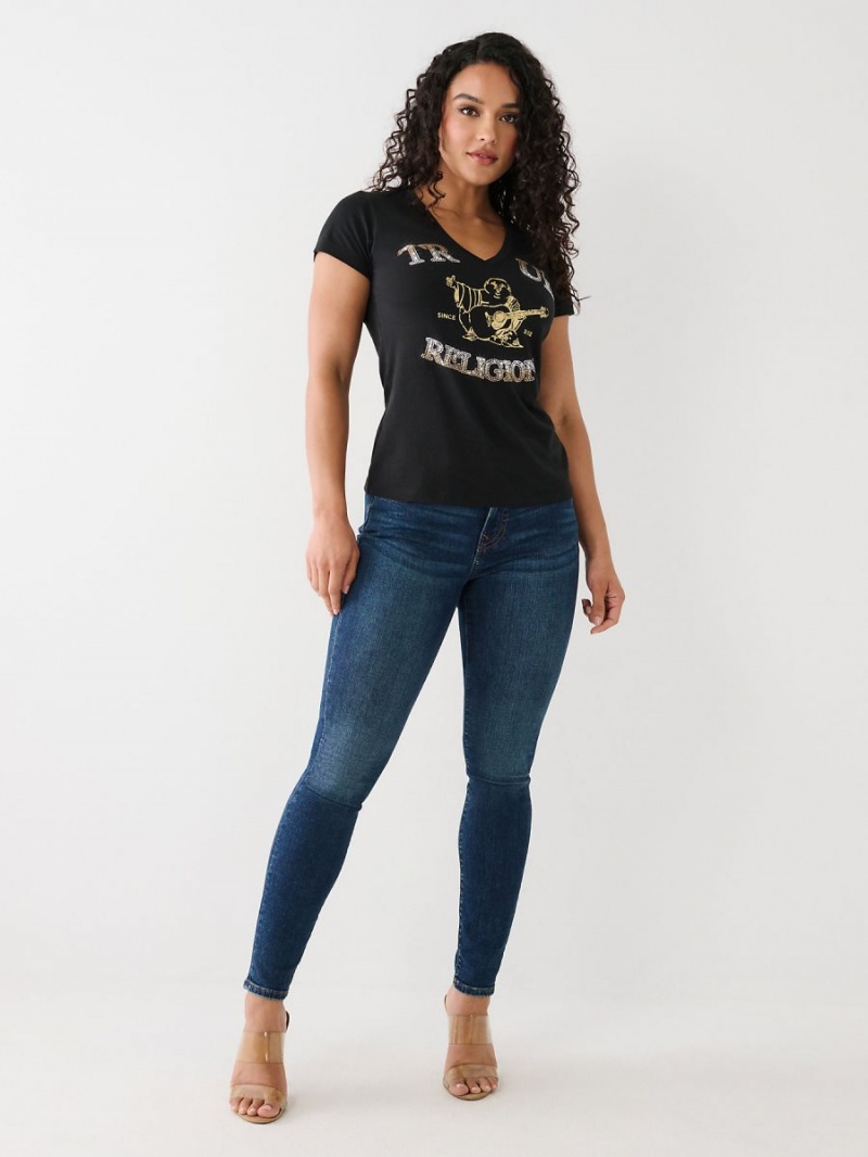 Black True Religion Crystal Buddha V T Shirts | 7501-BTSZQ