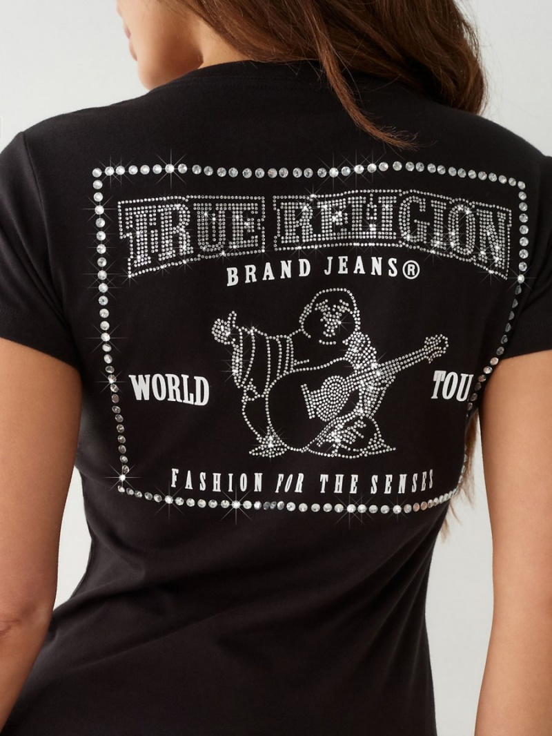 Black True Religion Crystal Buddha V T Shirts | 6039-XJKWO