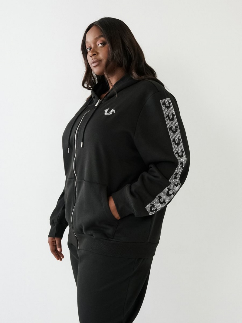 Black True Religion Crystal Horseshoe Boyfriend Zip Hoodie | 2936-MSDQG