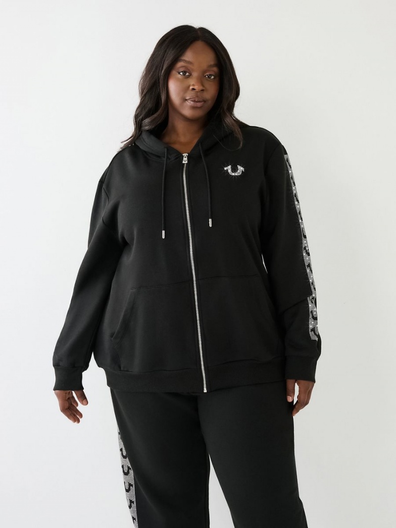 Black True Religion Crystal Horseshoe Boyfriend Zip Hoodie | 2936-MSDQG