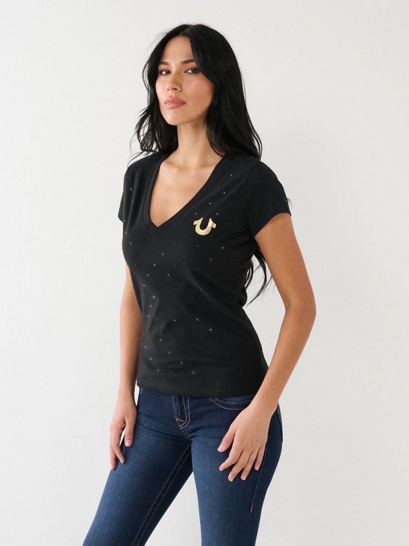 Black True Religion Crystal Horseshoe Logo V Neck T Shirts | 6578-RDOLE