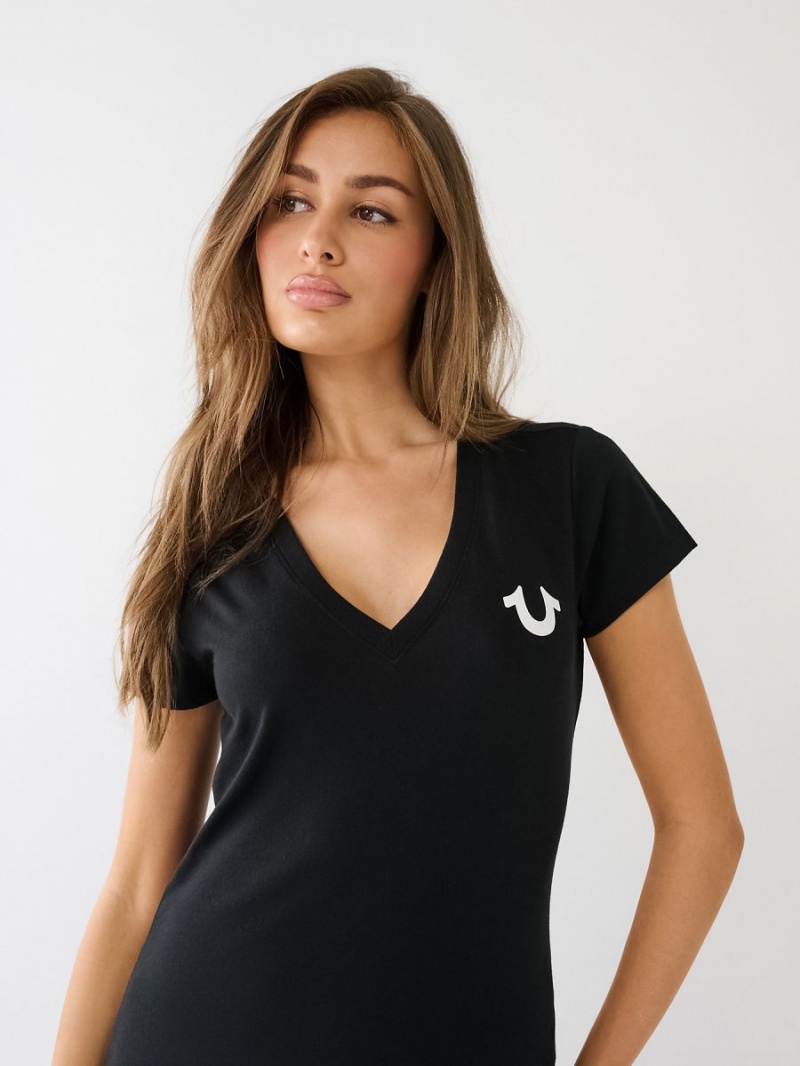 Black True Religion Crystal Horseshoe Logo V Neck T Shirts | 3214-WCMAU