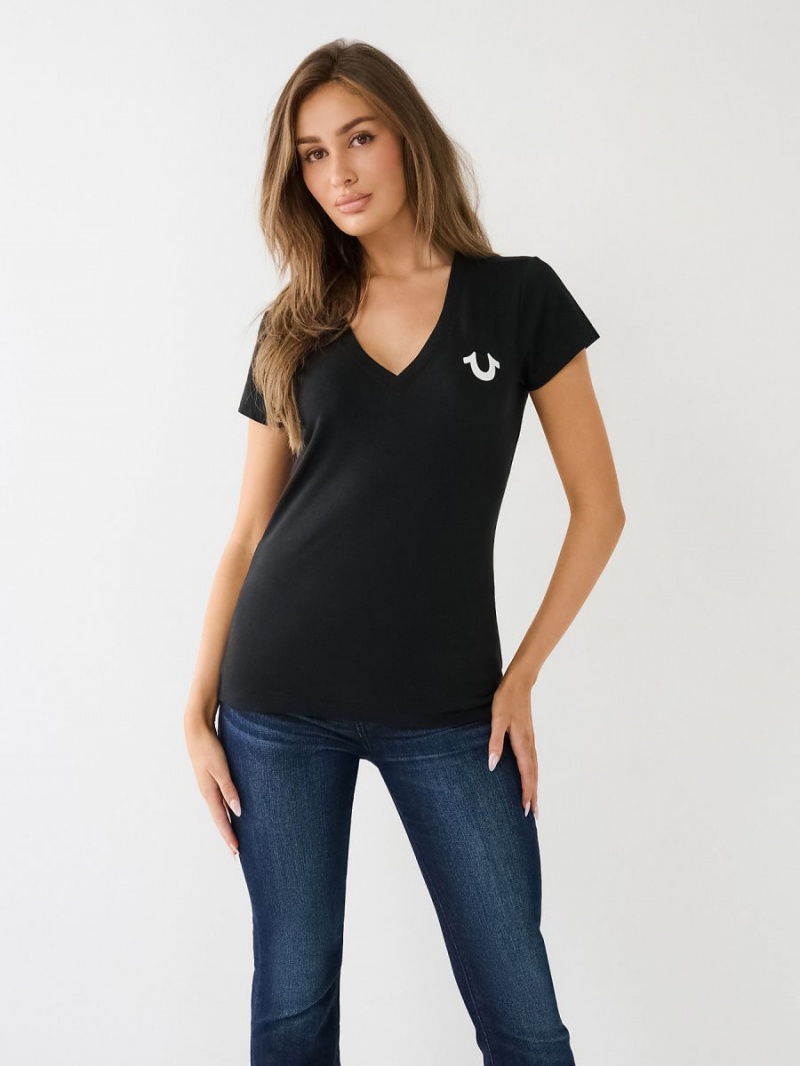 Black True Religion Crystal Horseshoe Logo V Neck T Shirts | 3214-WCMAU