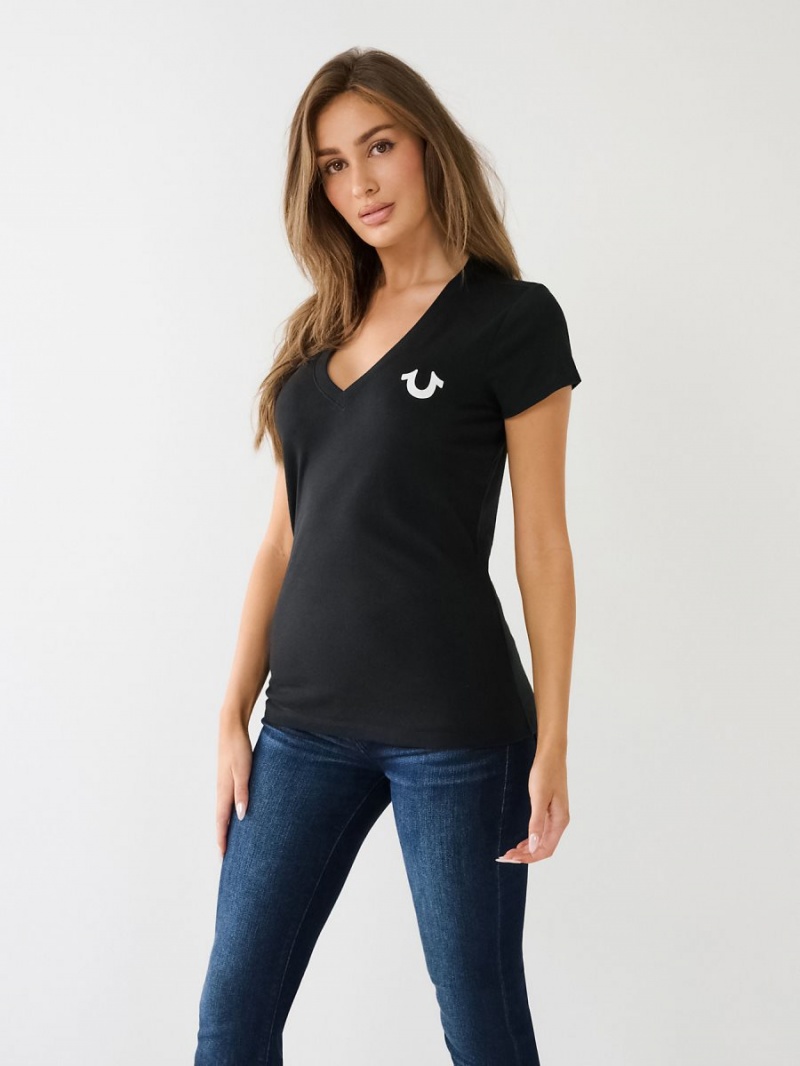 Black True Religion Crystal Horseshoe Logo V Neck T Shirts | 3214-WCMAU