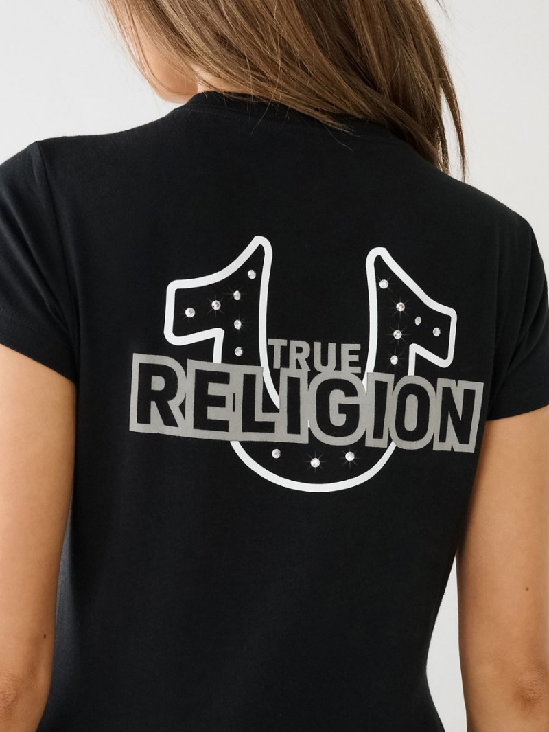 Black True Religion Crystal Horseshoe Logo V Neck T Shirts | 3214-WCMAU