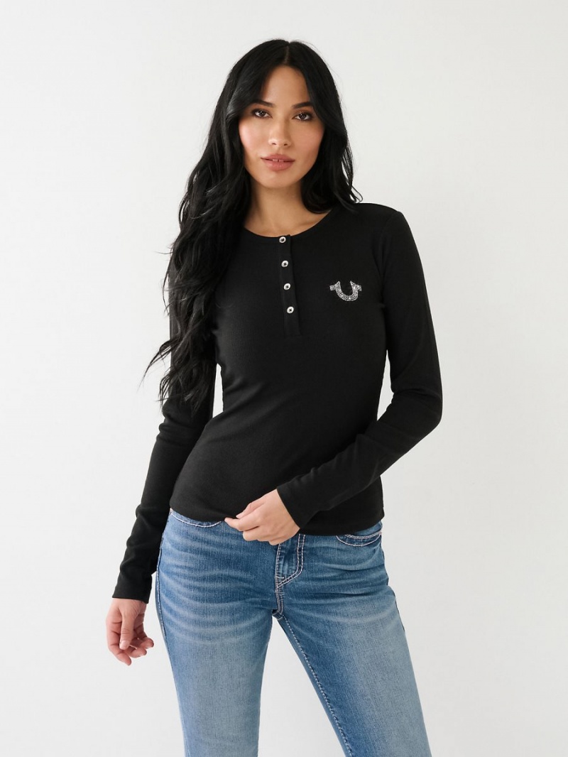 Black True Religion Crystal Horseshoe Logo Henley Shirts | 3674-LPEIW