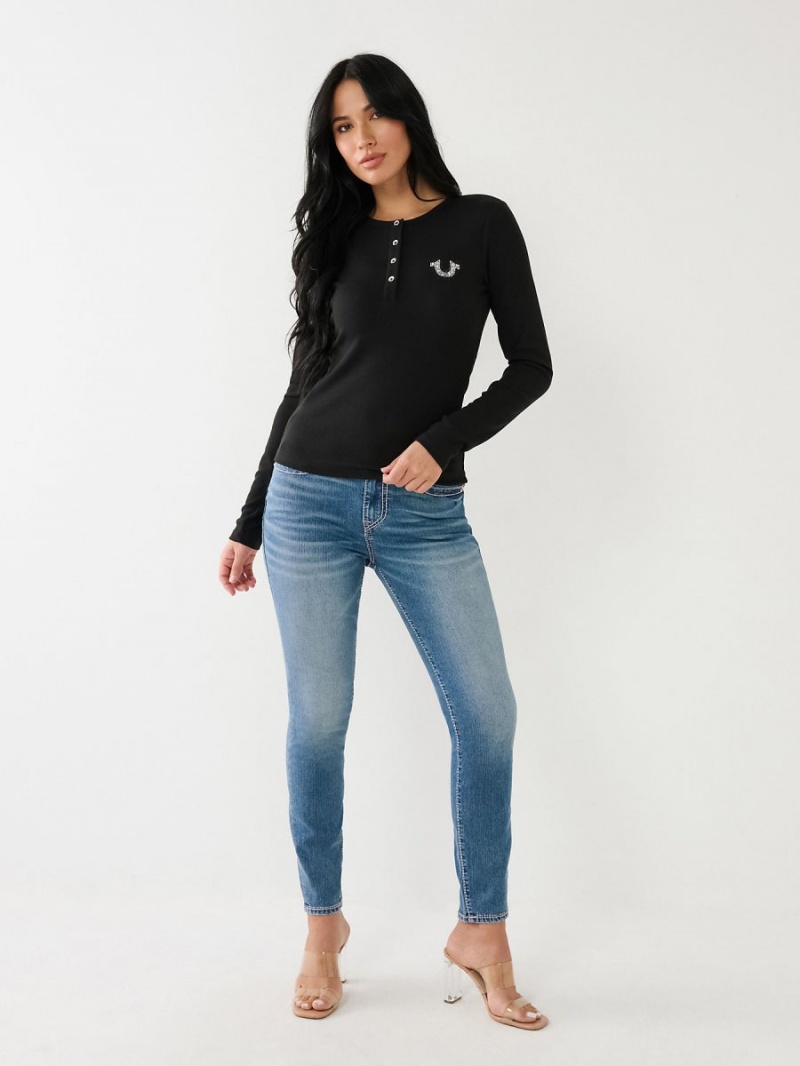 Black True Religion Crystal Horseshoe Logo Henley Shirts | 3674-LPEIW