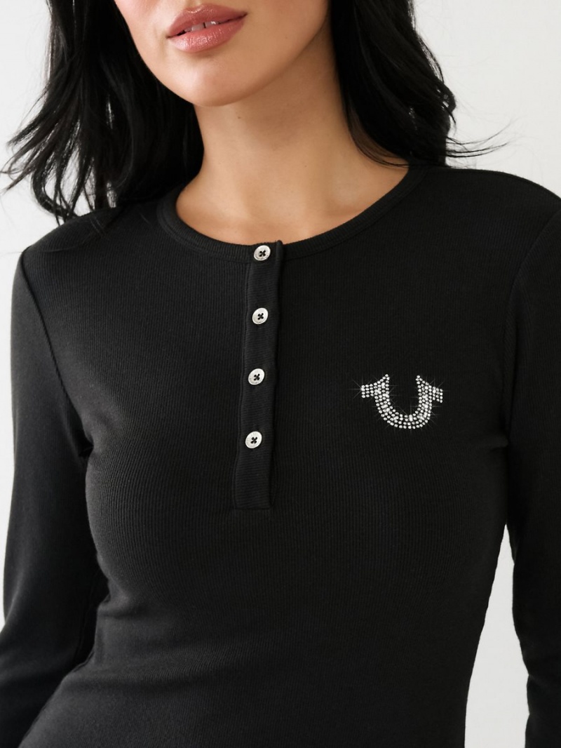 Black True Religion Crystal Horseshoe Logo Henley Shirts | 3674-LPEIW