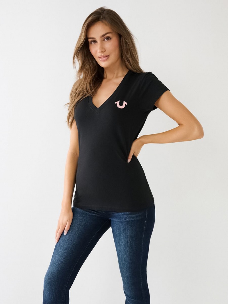 Black True Religion Crystal Horseshoe Logo V Neck T Shirts | 7530-IMNKU