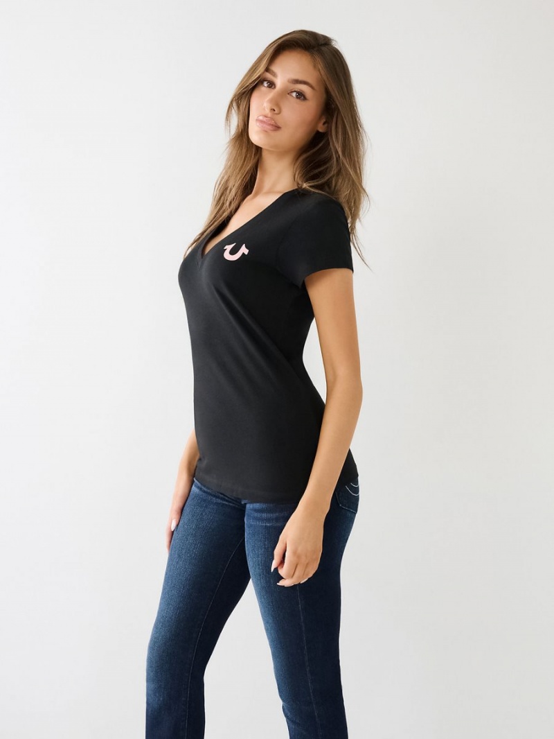 Black True Religion Crystal Horseshoe Logo V Neck T Shirts | 7530-IMNKU