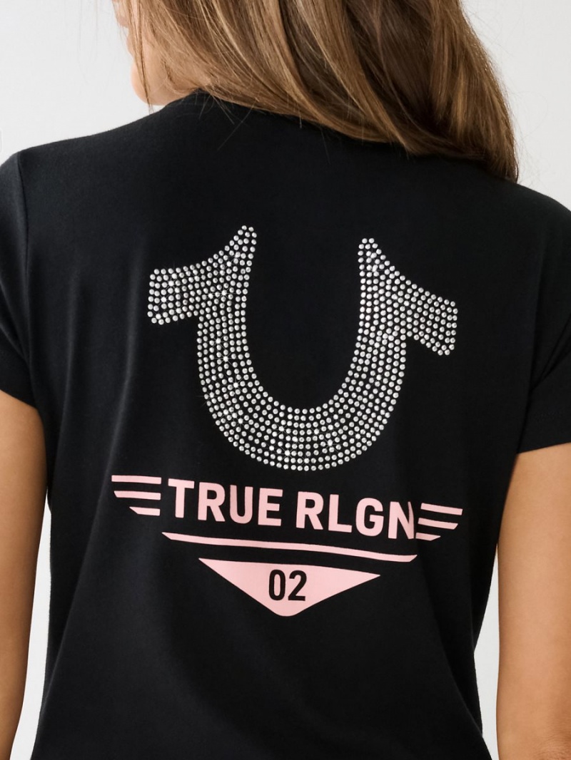 Black True Religion Crystal Horseshoe Logo V Neck T Shirts | 7530-IMNKU