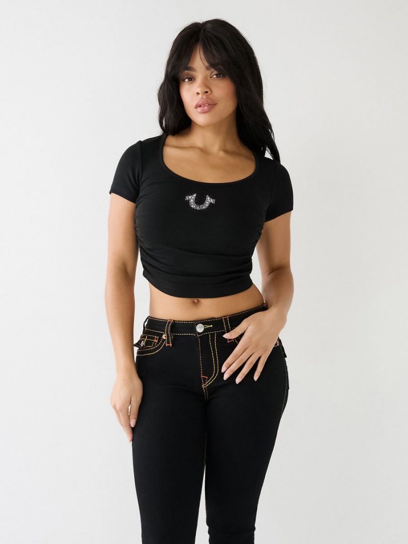 Black True Religion Crystal Horseshoe Ruched Crop T Shirts | 5206-ZUIOD