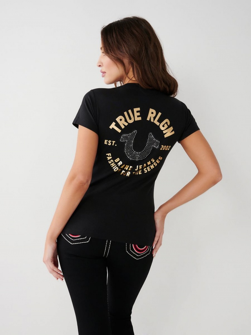 Black True Religion Crystal Horseshoe V T Shirts | 1607-BDEMO