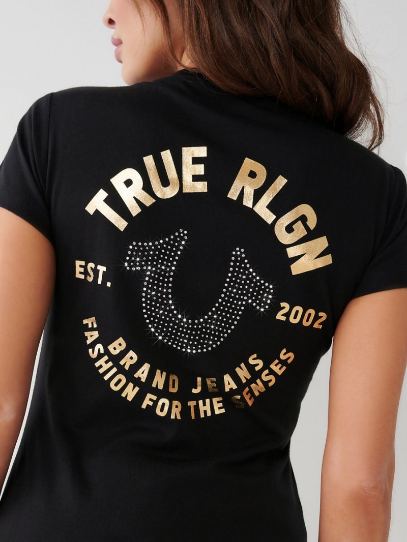 Black True Religion Crystal Horseshoe V T Shirts | 1607-BDEMO