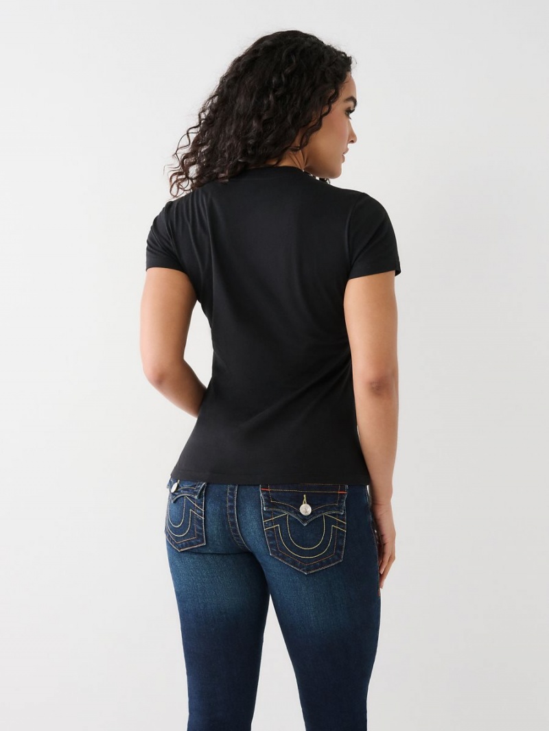 Black True Religion Crystal Logo T Shirts | 0286-TCQMO