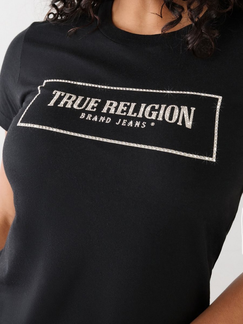 Black True Religion Crystal Logo T Shirts | 0286-TCQMO