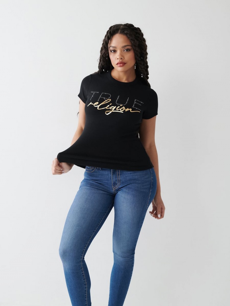 Black True Religion Crystal Logo T Shirts | 9128-AKSWJ