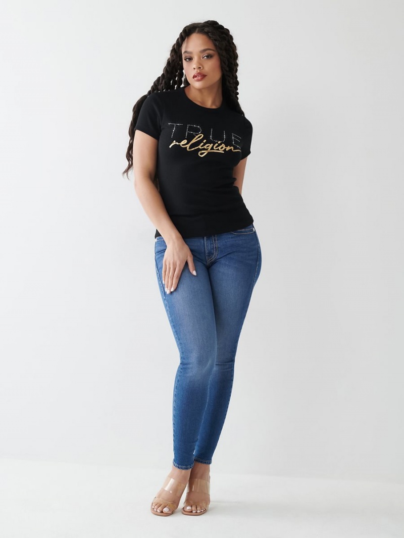 Black True Religion Crystal Logo T Shirts | 9128-AKSWJ